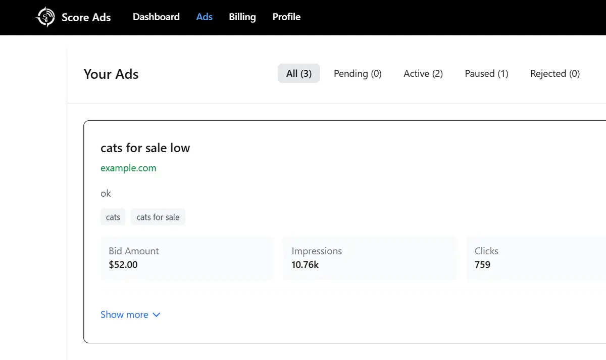 Score Ads Dashboard